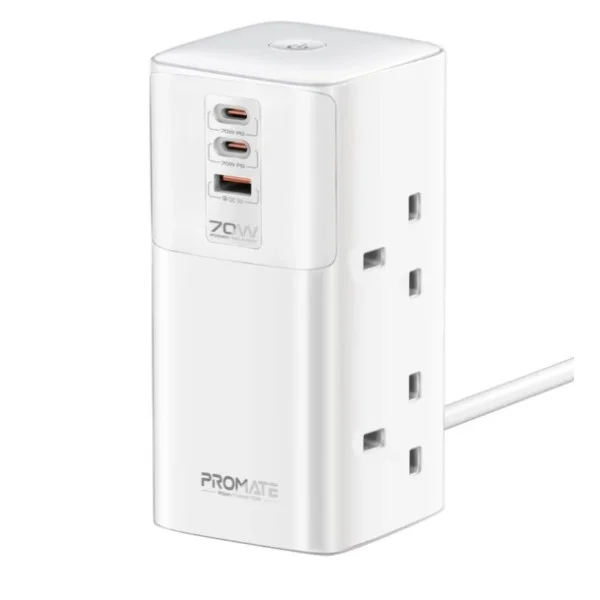 Promate 70W Multi-Port Charging Station with Quad AC Sockets - PowerTower