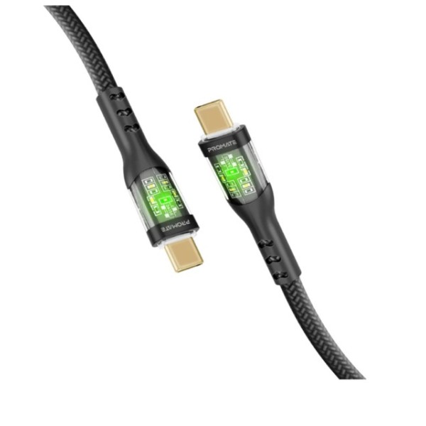 Promate 60W, 1.2meter Power Delivery Ultra-Fast USB-C Cable with Transparent Shells, Black - TRANSLINE-CC