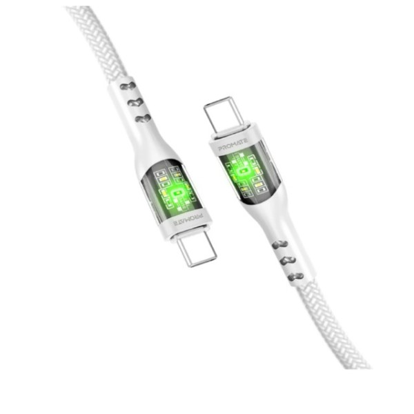 Promate 60W, 1.2meter Power Delivery Ultra-Fast USB-C Cable with Transparent Shells, White - TRANSLINE-CC