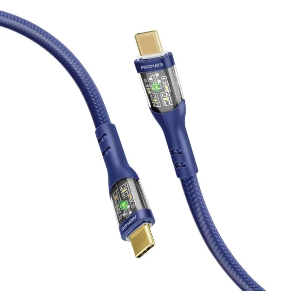 Promate 60W, 1.2meter Power Delivery Ultra-Fast USB-C Cable with Transparent Shells, Navy - TRANSLINE-CC