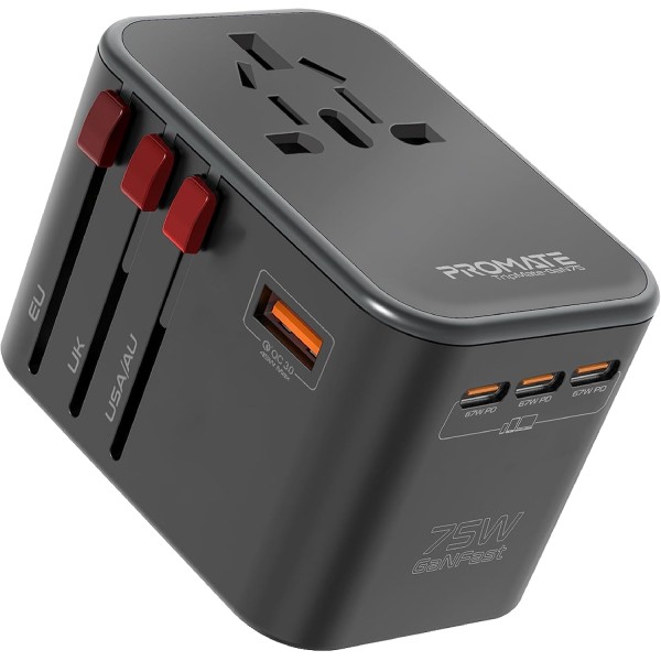Promate GaNFast&trade; Travel Adapter with 75W Power Delivery Triple USB-C & Dual 30W Quick Charge 3.0 - TripMate-GaN75