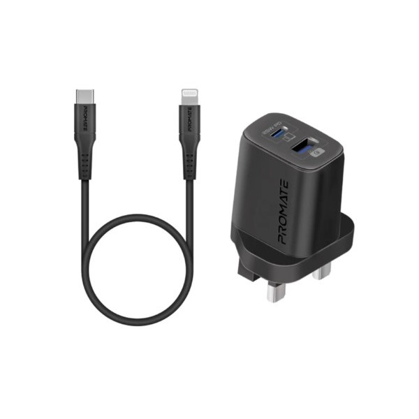 Promate 25W PD Dual Port Adapter with Ultra-Fast USB-C to Lightning Cable - ChargeKit-25PDi