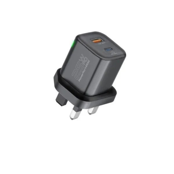 Promate Ultra-Fast Dual Port AC Charger with 25W Power Delivery and QC 3.0, Black - PowerPort-25AC