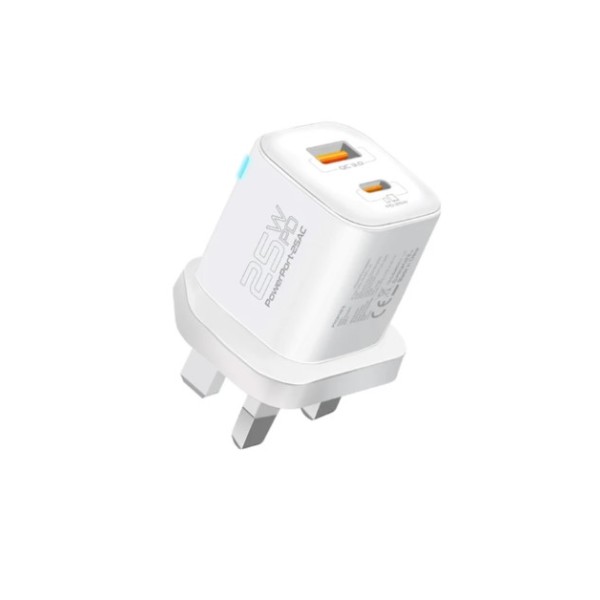 Promate Ultra-Fast Dual Port AC Charger with 25W Power Delivery and QC 3.0, White - PowerPort-25AC