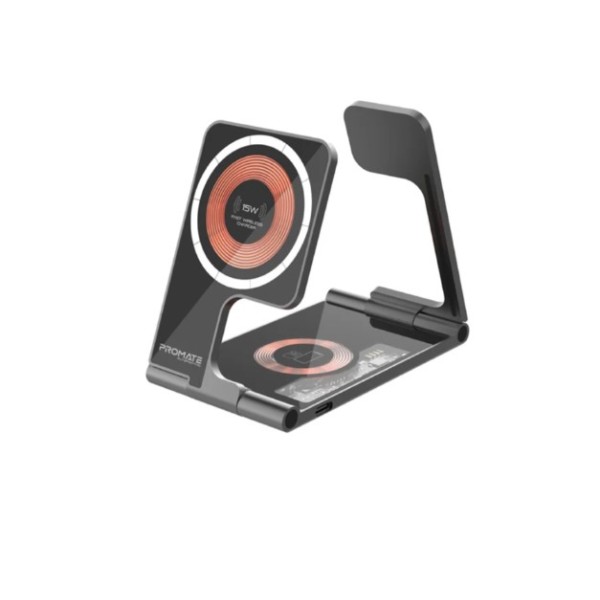 Promate Ultra-Slim Transparent Foldable 15W MagSafe compatible Wireless Charging Station - AuraFold-Trio