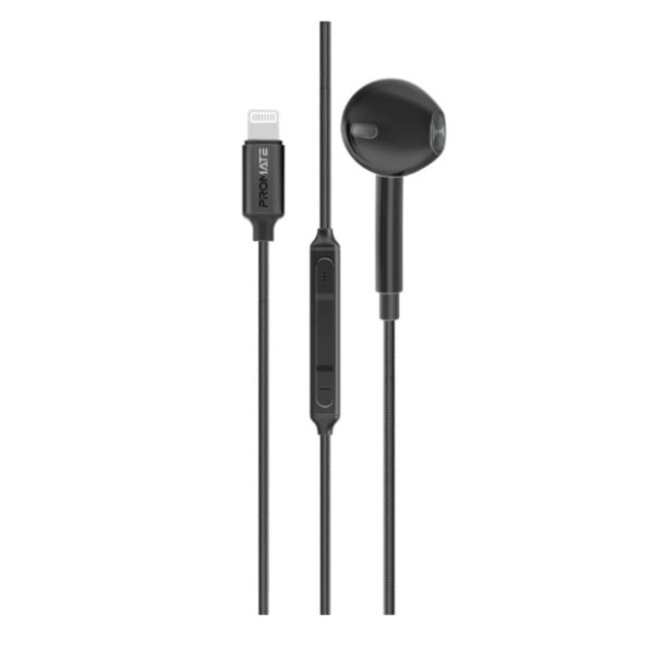 Promate MFI Certified Ergonomic In-Ear Wired Mono Earphone with Lightning Connector, Black