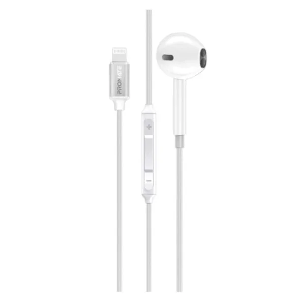 Promate MFI Certified Ergonomic In-Ear Wired Mono Earphone with Lightning Connector, White