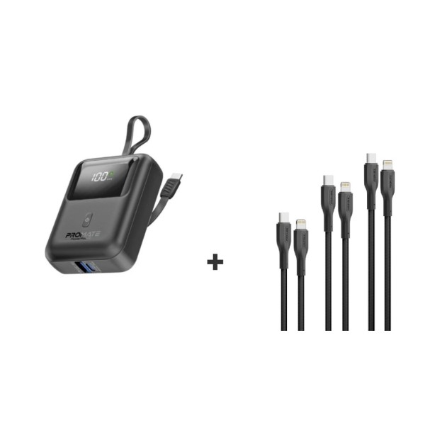 Bundle of Promate 10,000mAh Power Bank with Built-In USB-C Cable, Black with 3Pcs High 27W USB-C to Lightning Cable Kit