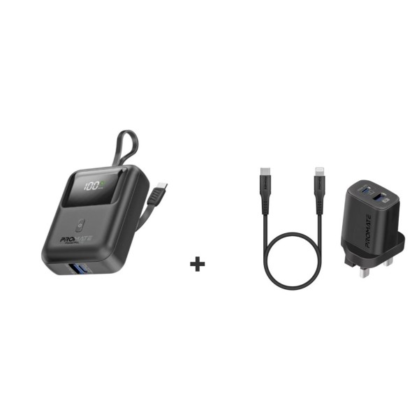 Bundle of Promate 10,000mAh Power Bank with Built-In USB-C Cable, Black with 25W PD Dual Port Adapter with USB-C to Lightning Cable
