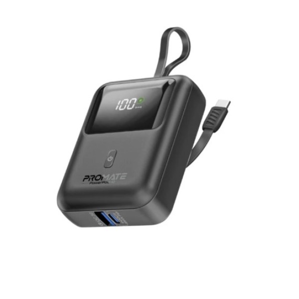 Promate 10,000mAh Ultra Compact 35W SuperSpeed&trade; Power Bank with Built-In USB-C Cable, POWERPOD-10 - Black