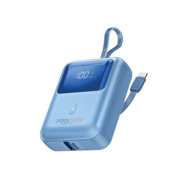 Promate 10,000mAh Ultra Compact 35W SuperSpeed&trade; Power Bank with Built-In USB-C Cable, POWERPOD-10 - Blue