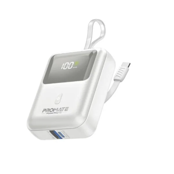 Promate 10,000mAh Ultra Compact 35W SuperSpeed&trade; Power Bank with Built-In USB-C Cable, POWERPOD-10 - White