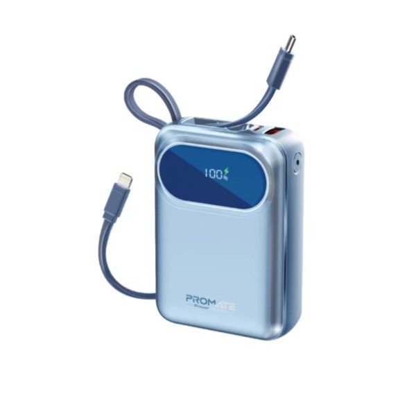 Promate 20,000mAh Ultra Compact 35W SuperSpeed&trade; Power Bank with Built-In USB-C & Lightning Cable, POWERPOD-20 - Blue