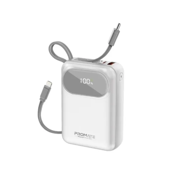Promate 20,000mAh Ultra Compact 35W SuperSpeed&trade; Power Bank with Built-In USB-C & Lightning Cable, POWERPOD-20 - White