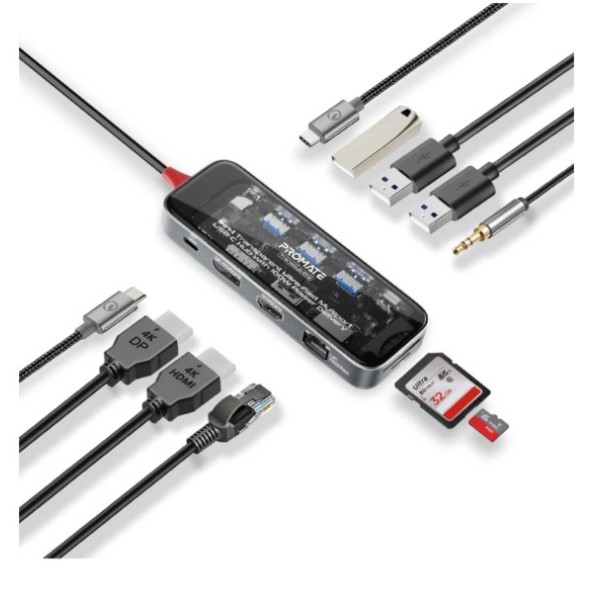 Promate 11-in-1 Transparent Ultra-Fast Multiport USB-C Hub with 100W Power Delivery - TransHub-Pro