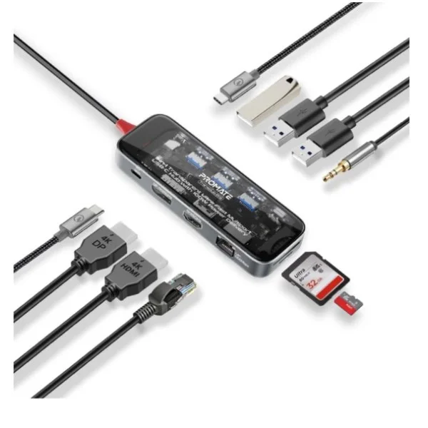 Promate 11-in-1 Transparent Ultra-Fast Multiport USB-C Hub with 100W Power Delivery - TransHub-Pro