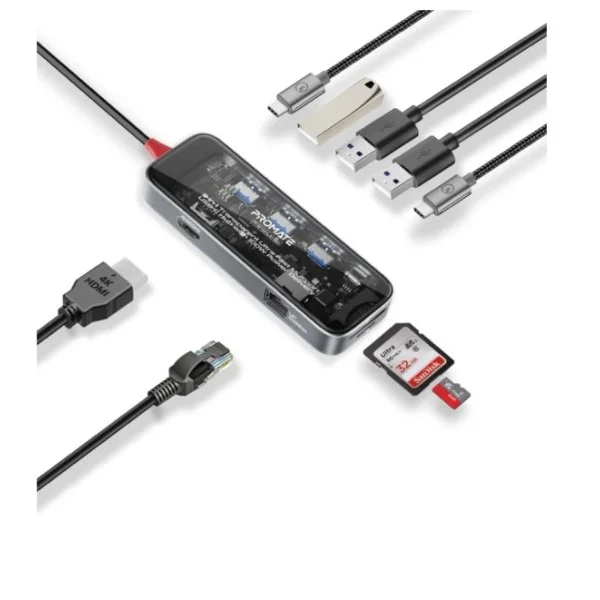 Promate 9-in 1 Transparent Ultra-Fast Multiport USB-C Hub with 100W Power Delivery - TransHub-Go
