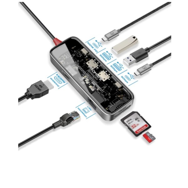 Promate 8-in 1 Transparent Ultra-Fast Multiport USB-C Hub with 100W Power Delivery - TransHub-Mini
