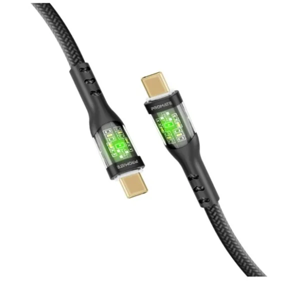 Promate 60W, 2meter Power Delivery Ultra-Fast USB-C Cable with Transparent Shells, Black - TRANSLINE-CC200