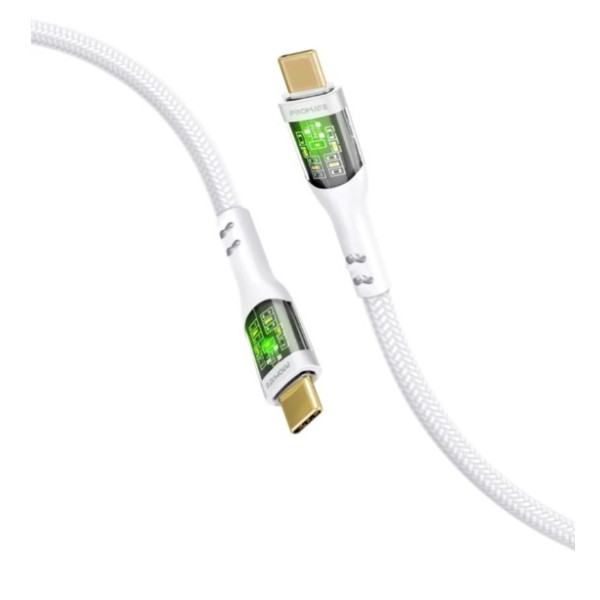 Promate 60W, 2meter Power Delivery Ultra-Fast USB-C Cable with Transparent Shells, White - TRANSLINE-CC200