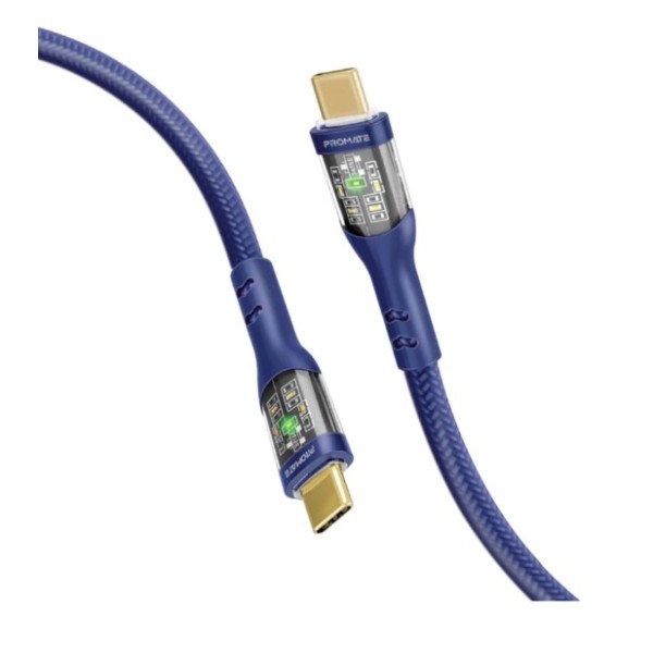 Promate 60W, 2meter Power Delivery Ultra-Fast USB-C Cable with Transparent Shells, Navy - TRANSLINE-CC200