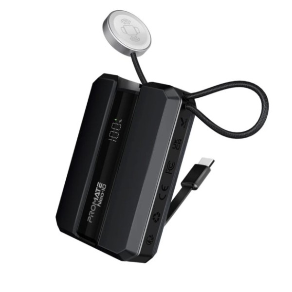 Promate 10,000mAh 30W Power Bank with in-built USB-C Cable, Black - NEO-10