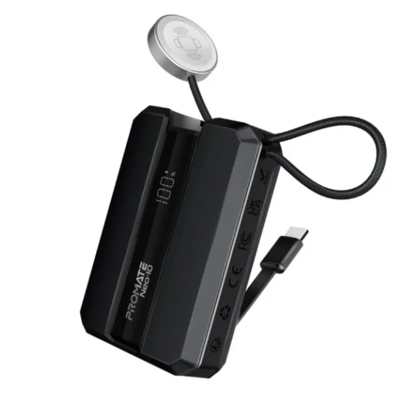 Promate 10,000mAh 30W Power Bank with in-built USB-C Cable, Black - NEO-10