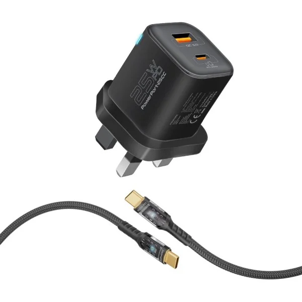 Promate 25W Dual Port Adapter Combo with 60W Fast Charging USB-C Cable - POWERPORT-25CC