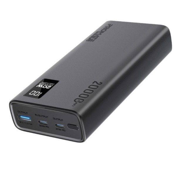 Promate Compact Smart Charging Power Bank with 20W PD Dual USB-C and 22.5W USB-A Ports, BOLT-20PD - Black
