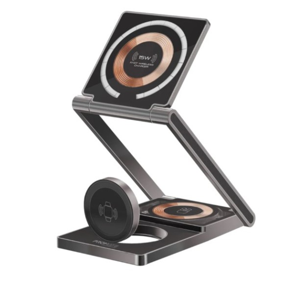 Promate 3 in 1 Ultra-Slim Transparent Foldable 15W MagSafe Compatible Wireless Charging Station - LucidFold-Trio