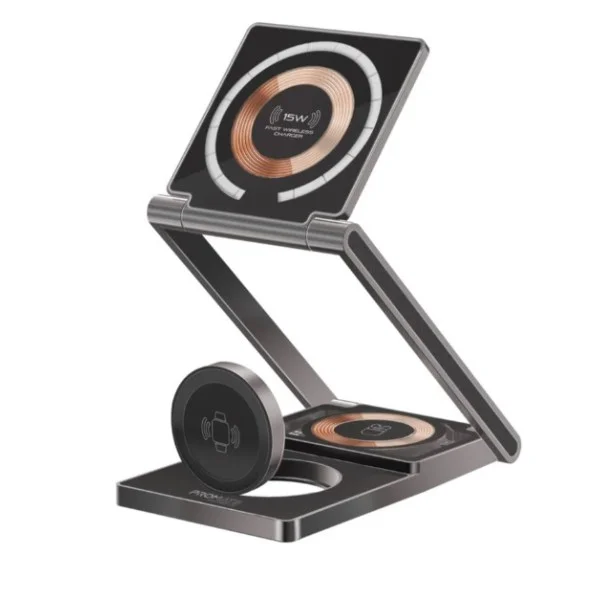 Promate 3 in 1 Ultra-Slim Transparent Foldable 15W MagSafe Compatible Wireless Charging Station - LucidFold-Trio