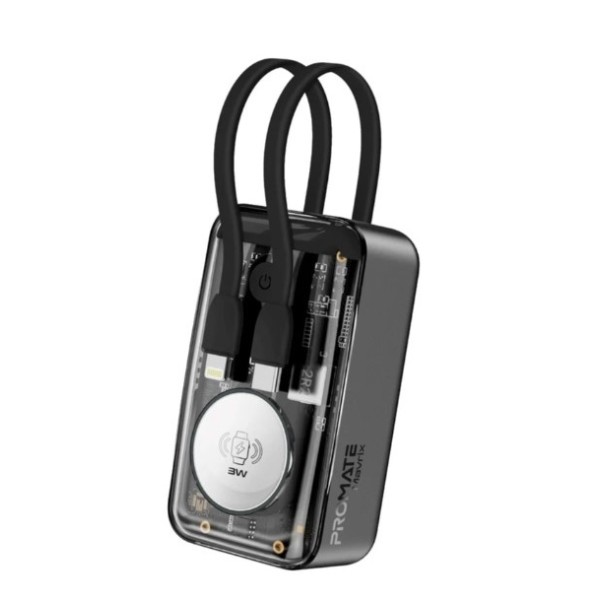 Promate 10,000mAh 35W Transparent Smartphone and Apple Watch Charging Power Bank with USB-C & Lightning Cable, Black - Mavrix