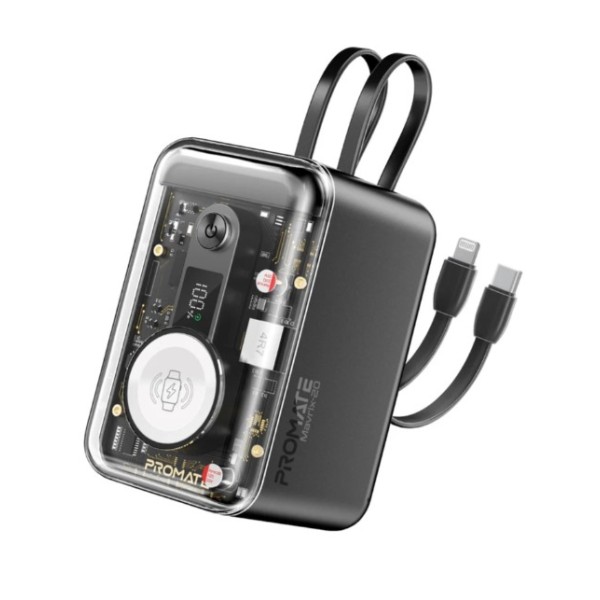 Promate 20,000mAh 65W Multi-Device Charging Transparent Power Bank with Built-In USB-C & Lightning Cable, Black - Mavrix-20