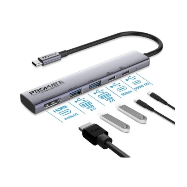 Promate 4K@60Hz Multi-function High-Speed USB-C Hub with 100W Power Delivery - LinkHub-5X