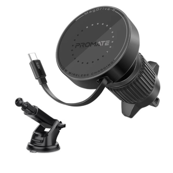 Promate 15W MagSafe Compatible Car Wireless Charger with Retractable Cable - MagDrive-R