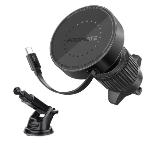 Promate 15W MagSafe Compatible Car Wireless Charger with Retractable Cable - MagDrive-R