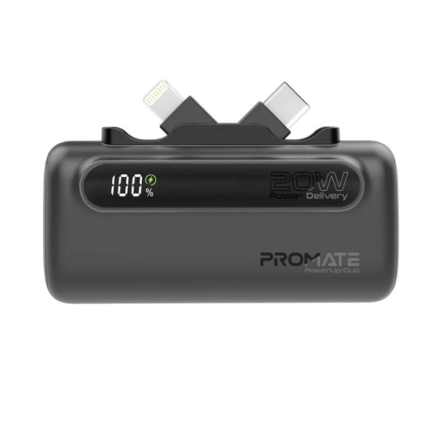 Promate 5000mAh, Ultra-Compact Fast Charging Power Bank with Dual foldable USB-C&trade; & Lightning Connectors, POWERUP-DUO - Black