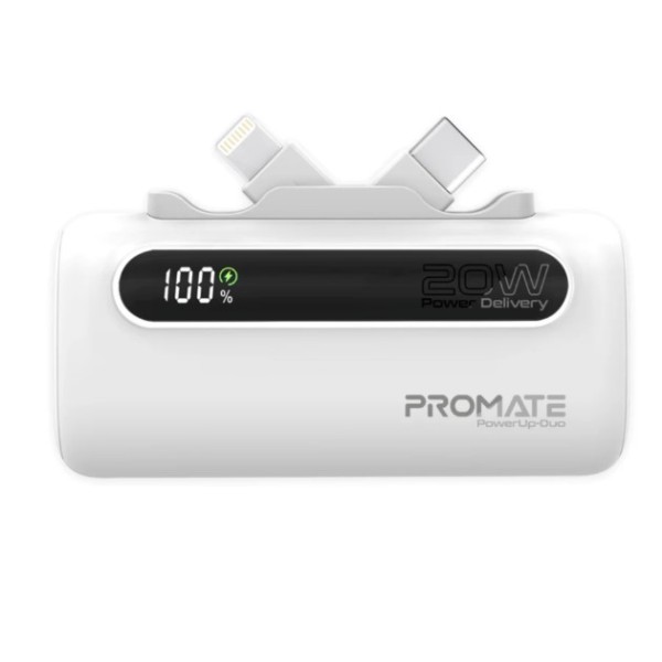 Promate 5000mAh, Ultra-Compact Fast Charging Power Bank with Dual foldable USB-C&trade; & Lightning Connectors, POWERUP-DUO - White