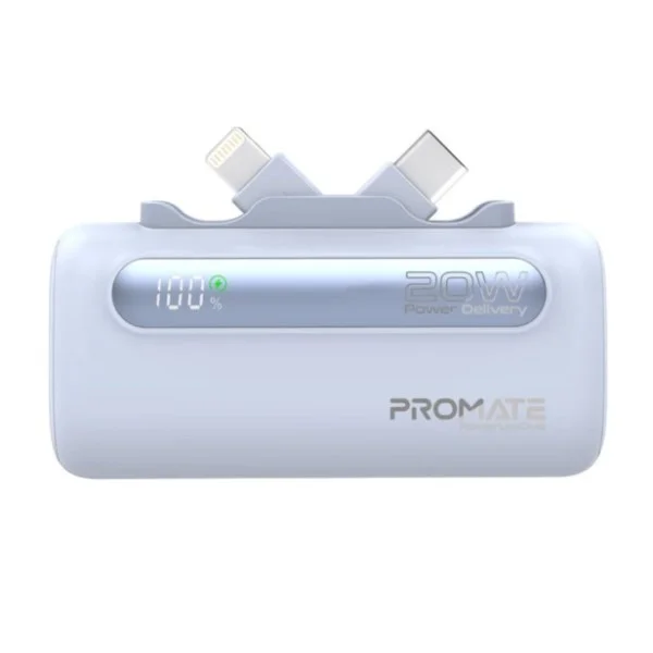 Promate 5000mAh, Ultra-Compact Fast Charging Power Bank with Dual foldable USB-C&trade; & Lightning Connectors, POWERUP-DUO - Blue