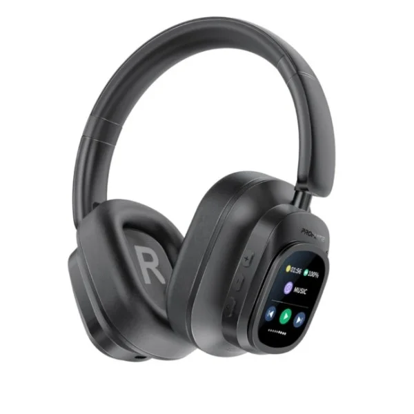 Promate High-Definition Hybrid ANC Headphones with Detachable Magnetic LCD Touch Screen Controller, Black