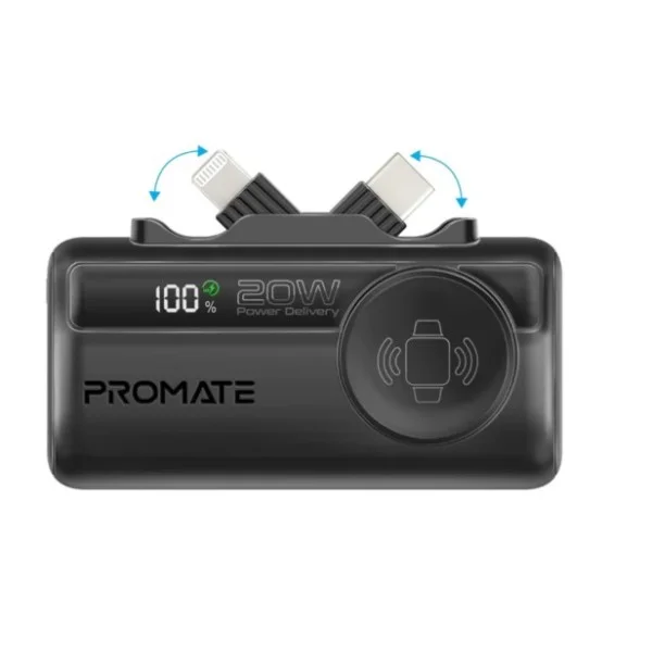 Promate 5000mAh, Ultra-Compact Fast Charging Power Bank with In-built USB-C, Lightning Connectors & Apple Watch Charger, PowerUp-Trio- Black