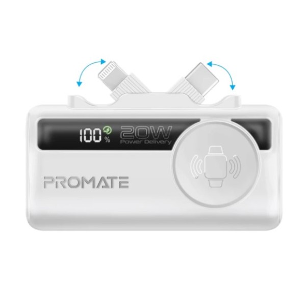 Promate 5000mAh, Ultra-Compact Fast Charging Power Bank with In-built USB-C, Lightning Connectors & Apple Watch Charger, PowerUp-Trio- White