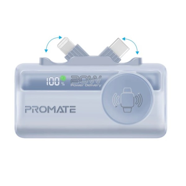 Promate 5000mAh, Ultra-Compact Fast Charging Power Bank with In-built USB-C, Lightning Connectors & Apple Watch Charger, PowerUp-Trio- Blue