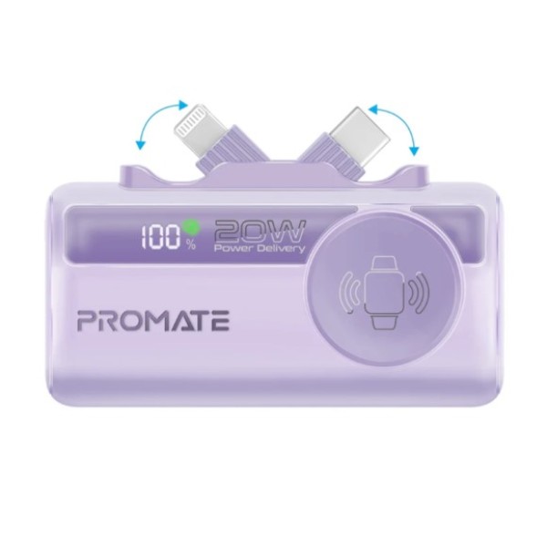 Promate 5000mAh, Ultra-Compact Fast Charging Power Bank with In-built USB-C, Lightning Connectors & Apple Watch Charger, PowerUp-Trio- Purple