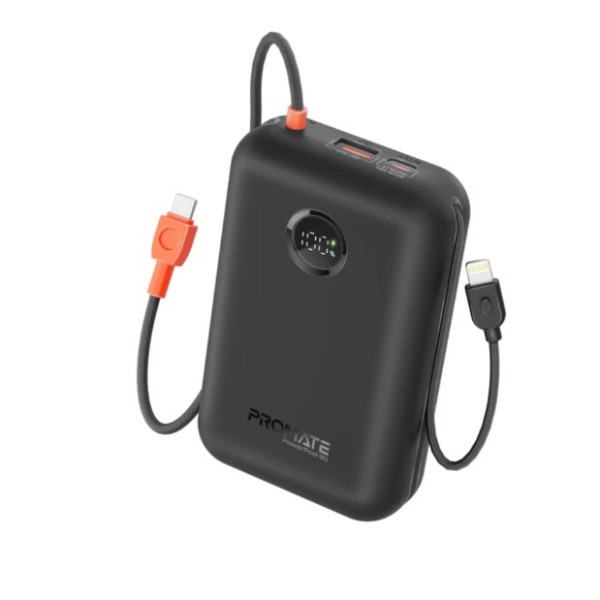Promate 30,000mAh Compact Power Bank with Built-In USB-C & Lightning Cable, Black - POWERPOD-30