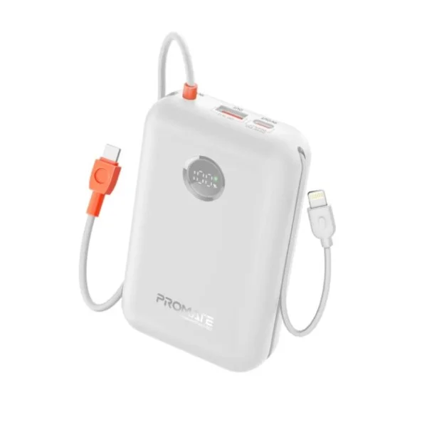 Promate 30000mAh Compact Power Bank with Built-In USB-C & Lightning Cable, PowerPod-30 - White