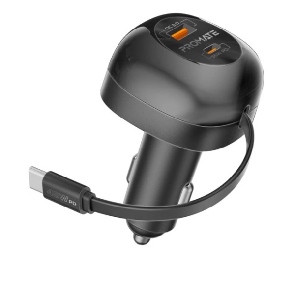 Promate 62W Multi-Port Car Charger with Retractable USB-C Cable - PowerDrive-RC65