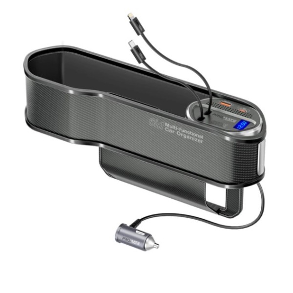 Promate 65W Multi-Functional Car Organizer and Charging Station with USB-C & Lightning Retractable Cables, Black - CarMate-RPD