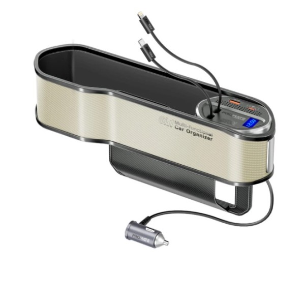 Promate 65W Multi-Functional Car Organizer and Charging Station with USB-C & Lightning Retractable Cables, Beige - CarMate-RPD