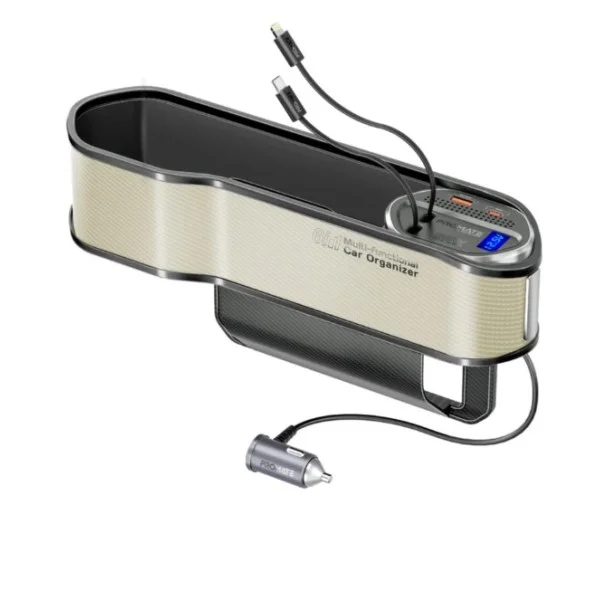 Promate 65W Multi-Functional Car Organizer and Charging Station with USB-C & Lightning Retractable Cables, Beige - CarMate-RPD